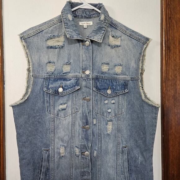 Carole Christian Long Sleeveless Distressed Denim Dress Button-Up Size Large - Picture 4 of 7